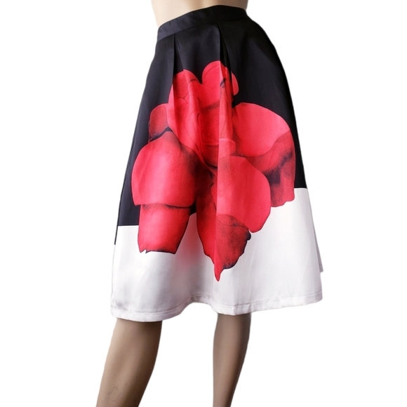 Color Block Floral Red, Black & White Faille Skirt - Picture 1 of 8